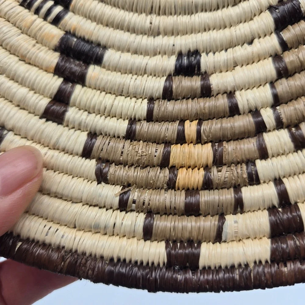 Handwoven Coiled Basket Bowl Geometric Turtle Brown‎ Cream Southwest Style 9.75